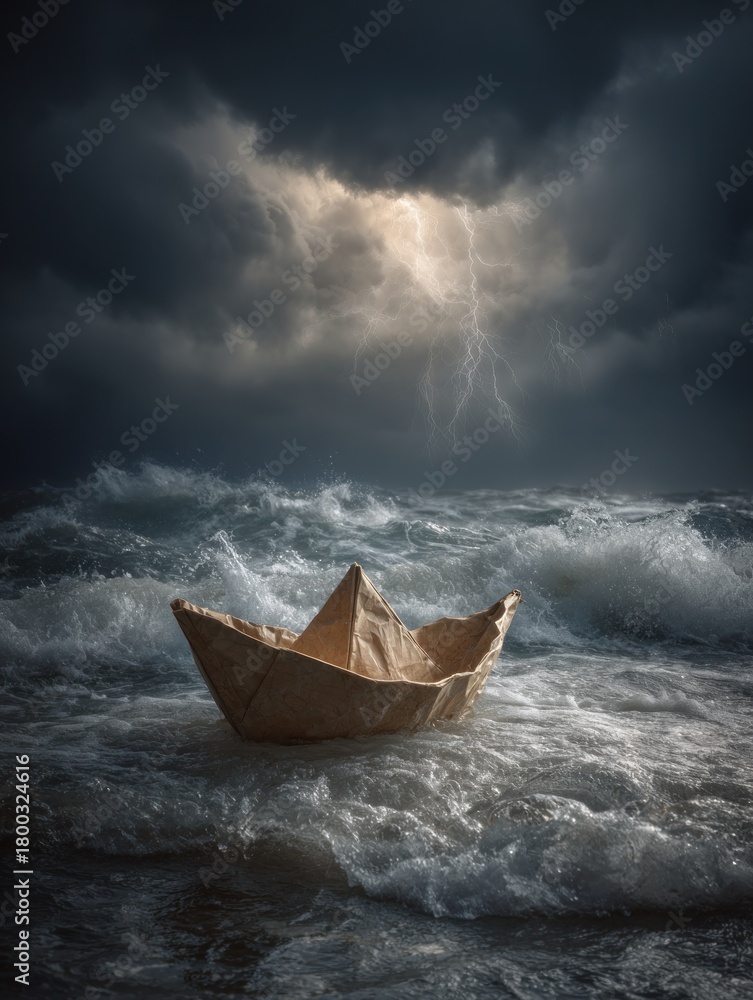 Obraz premium A paper boat navigates choppy waters as dark clouds loom overhead, creating a dramatic stormy atmosphere