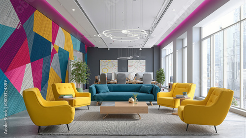 modern coworking lounge interior with colorful wall and bright seating
