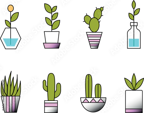 Minimalist Outline Succulent and Houseplant Set in Geometric Pots