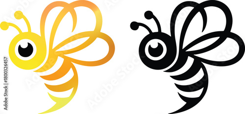 Two stylized bees one a vibrant gold the other a classic bold black outline against a bright white