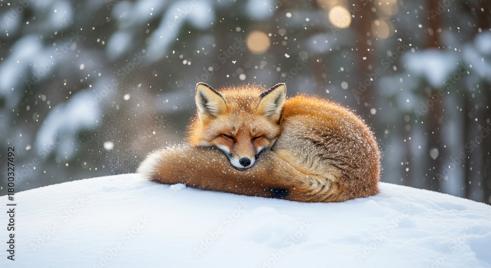 Obraz premium red fox sleeping in a snow bag