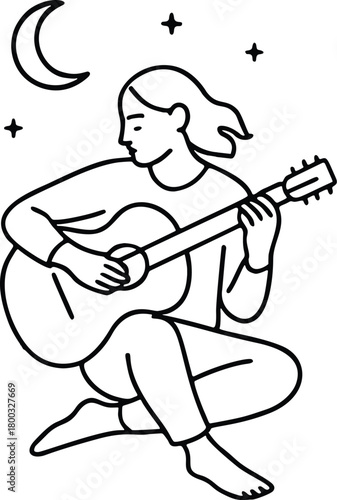 A peaceful woman plays guitar under the moonlit sky serenading the night with delicate line art