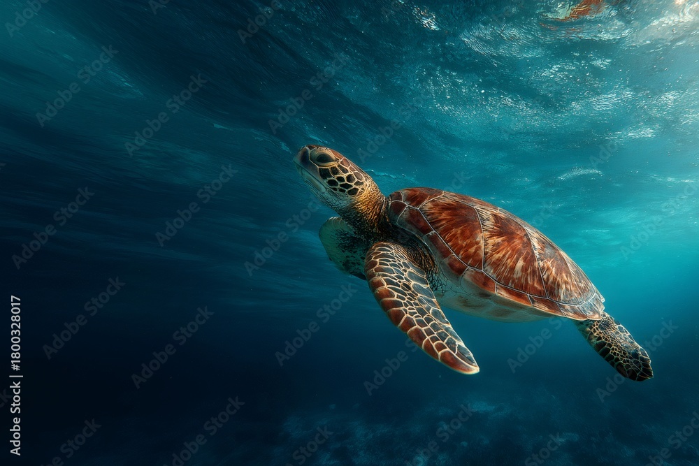 Fototapeta premium Green sea turtle swimming underwater near blue ocean surface
