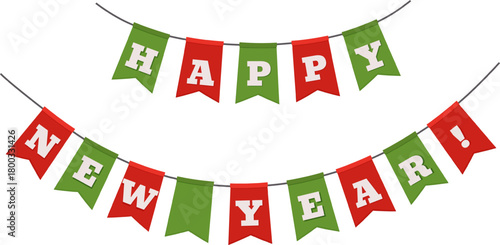 Bunting garland with inscription Happy New Year. Decor for holiday. Garland of bunting flags in red and green colors.