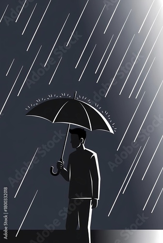 An illustration of a sad person holding an umbrella and standing in the rain