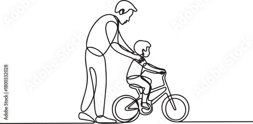 Continuous Line Drawing of a Father Teaching a Child to Ride a Bike. one line Icon drawing with white background