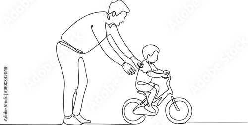 Continuous Line Drawing of a Father Teaching a Child to Ride a Bike. one line Icon drawing with white background