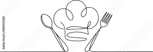 Continuous Line Drawing Chef Hat Spoon Fork Emblem. one line Icon drawing with white background