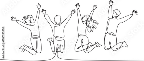 Continuous Hand Drawn Sketch of People Jumping with Joy. one line Icon drawing with white background