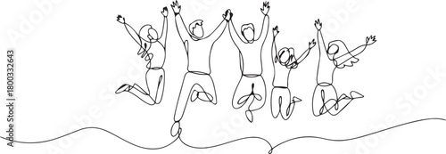Continuous Hand Drawn Sketch of People Jumping with Joy. one line Icon drawing with white background