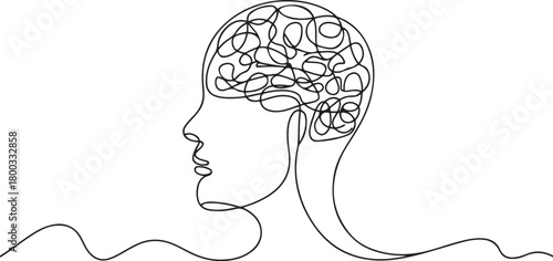 Continuous Line Drawing Person Complicated Brain. Overthinking Mental Overload Stress Vector Art. one line Icon drawing with white background