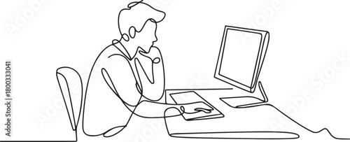 One Line Drawing of a Student Studying at a Computer Desk. one line Icon drawing with white background