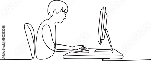 One Line Drawing of a Student Studying at a Computer Desk. one line Icon drawing with white background