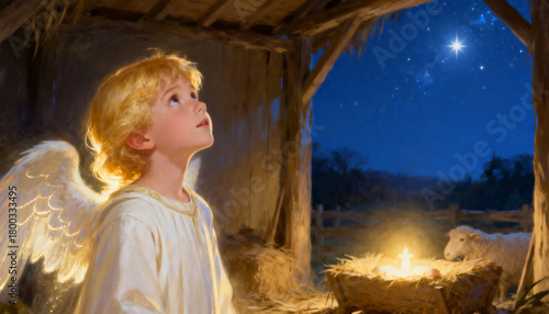 A child angel adoring the birth of Jesus in a Christmas nativity scene. Religious illustration of a stable with a glowing manger and the Star of Bethlehem at night