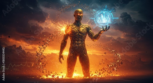 Super good magic manifested as a strong figure holding glowing sphere in a fiery landscape. Super good magic emanates, transforming matter around him and creating a dramatic atmosphere.