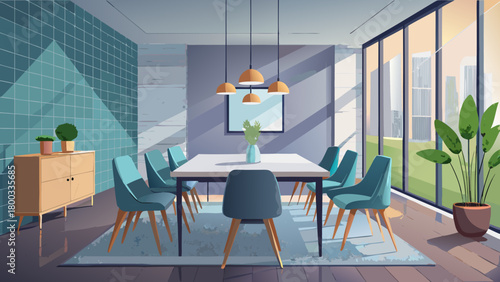 Very beautiful modern dining room featuring a warm wooden table paired with sleek black chairs, a minimalistic chandelier overhead, and a light gray wall providing a clean, elegant, and contemporary a