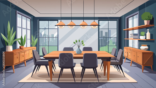 Very beautiful modern dining room featuring a warm wooden table paired with sleek black chairs, a minimalistic chandelier overhead, and a light gray wall providing a clean, elegant, and contemporary a