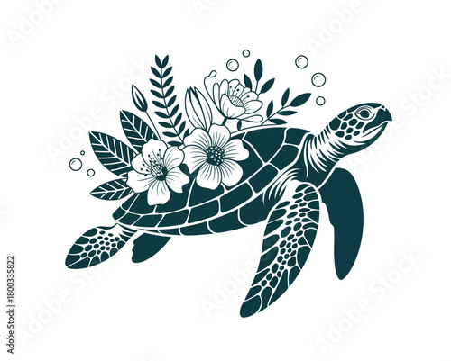 Stylized marine sea turtle illustration adorned with elegant floral patterns, botanical elements and delicate bubbles artwork.