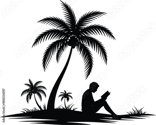 Silhouette of a person reading a book under a tropical palm tree, symbolizing relaxation and leisure time.
