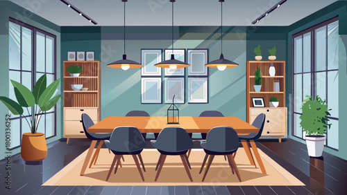 Very beautiful modern dining room featuring a warm wooden table paired with sleek black chairs, a minimalistic chandelier overhead, and a light gray wall providing a clean, elegant, and contemporary 