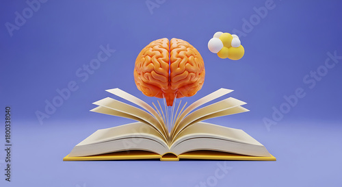 Orange brain emerging from open book with yellow molecule knowledge learning