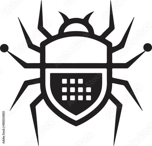 Digital security bug icon vector illustration with shield and grid pattern, symbolizing cybersecurity, virus protection, and data safety