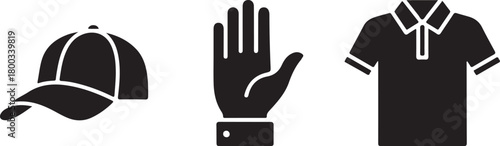 Casual clothing and gesture icons set featuring a baseball cap, an open hand, and a collared polo shirt design elements.