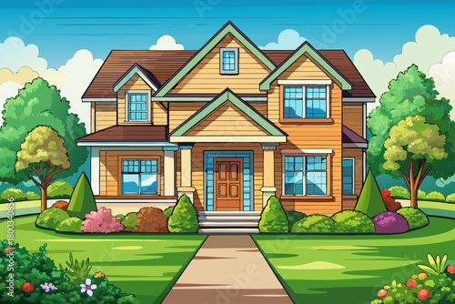 Front view of the entire house with a landscaped yard in late spring, showcasing bright greenery, blooming plants, a residential exterior, and a peaceful view of the countryside in warm natural daylig