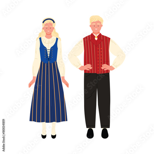 Man and woman in Finnish traditional folk clothing standing isolated on white background vector illustration