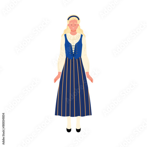Blonde woman wearing blue Finnish folk dress standing isolated on white background vector illustration