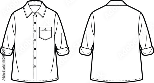 Button-up shirt sketch, rolled sleeves, fashion flat drawing, front and back view, chest pocket, collar detail, flat vector illustration