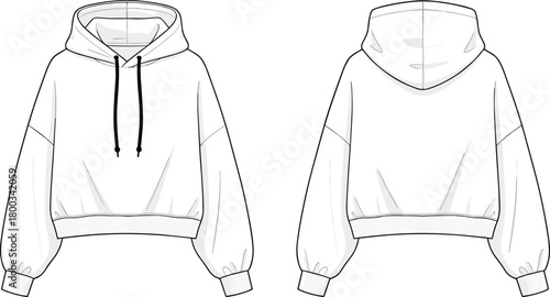 Cropped hoodie technical sketch, front and back view, balloon sleeves, drawstring hood, ribbed cuffs and hem, vector illustration