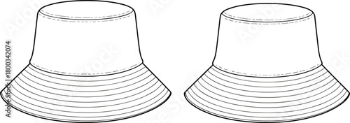 Bucket hat technical sketch, front and side view, wide brim, cylindrical crown, stitching detail, flat vector illustration