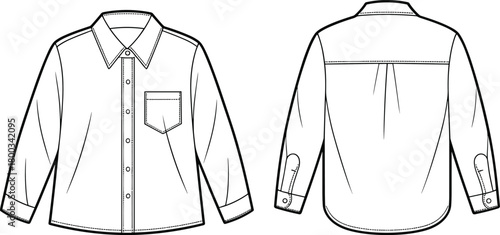 Button-up shirt sketch, fashion flat drawing, front and back view, chest pocket, yoke detail, pleated back, flat vector illustration