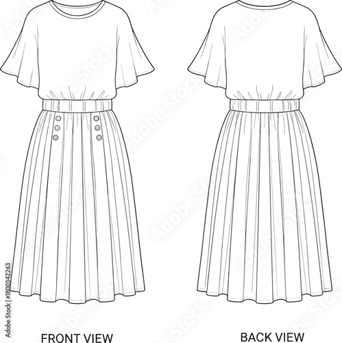 Pleated dress sketch, fashion flat drawing, front and back view, flutter sleeves, button detail, gathered waist, flat vector illustration