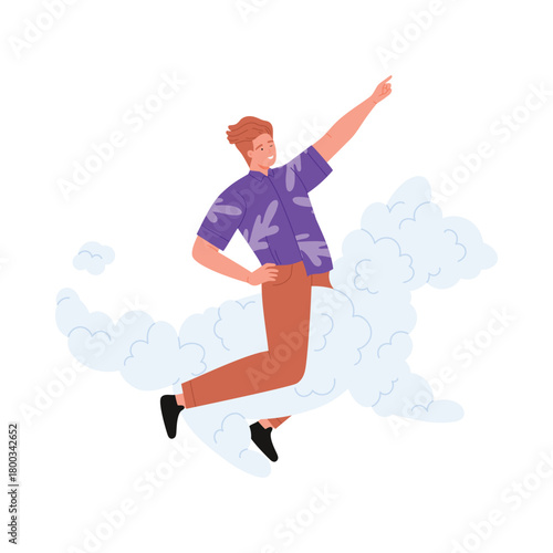Confident man riding a horse shaped cloud isolated on white background, symbolizing imagination vector illustration