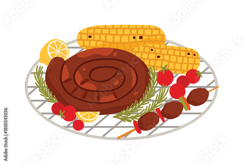 Traditional South African braai with boerewors sausage, grilled corn, kebabs, and vegetables isolated vector illustration