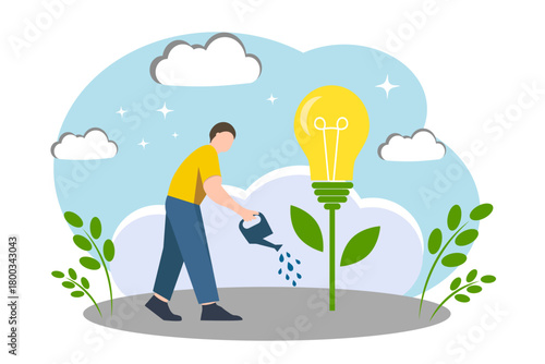 A man watering a plant with a light bulb. The concept of a new successful idea, successful business and personal growth