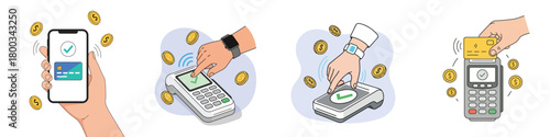 Illustration set showing four contactless digital payment methods including mobile phone, smartwatch, and credit card transactions at a POS terminal.