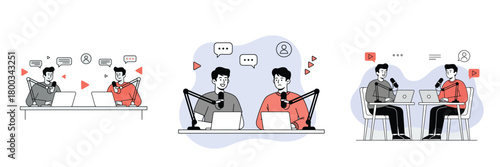 Flat line illustration set of two male hosts recording a podcast or live stream broadcast.