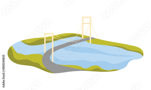 Minimalist isolated suspension bridge crossing blue water with green landscape on white background vector illustration