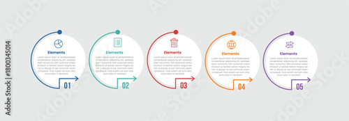 5 elements infographic comparison diagram with big circle horizontal direction with slice cut dot line container with 5 step for slide presentation