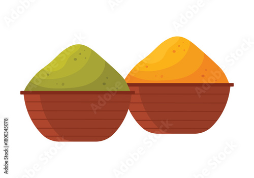 Two isolated wooden bowls filled with colorful Turkish spices on a white background vector illustration