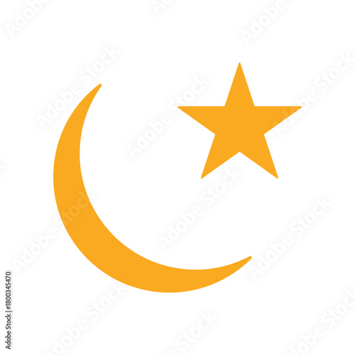 Yellow crescent moon and star isolated on white background representing Islamic culture vector illustration