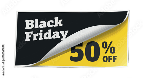 A black friday advertisement with fifty percent off deal displayed on a black and yellow background card vector view, Adobe Illustrator Artwork