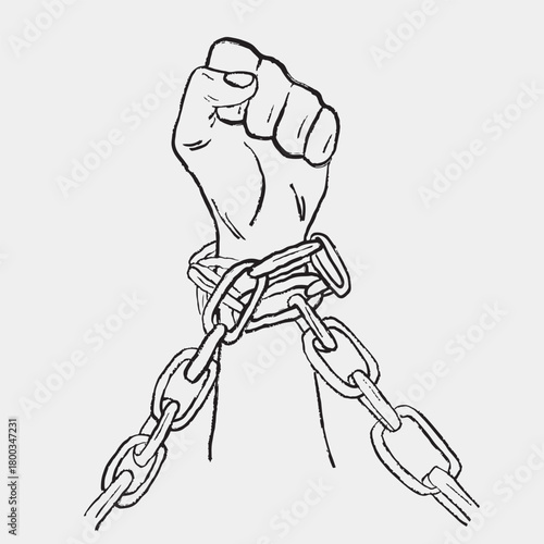 Hand drawn clenched fist with broken chains around the wrist. Vector sketch illustration in vintage crayon charcoal style. Human rights day poster