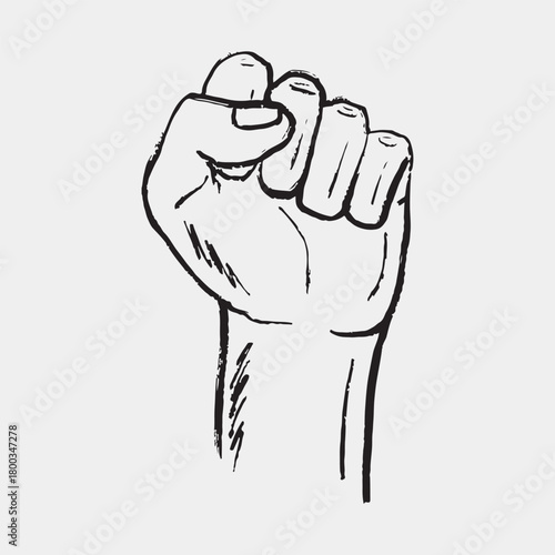 Hand drawn raised clenched fist with bold lines and shading. Human rights day poster. December 10. Vector sketch illustration in vintage crayon charcoal style