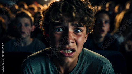 Shocked teen watches horror movie, face of scared boy with popcorn in cinema hall