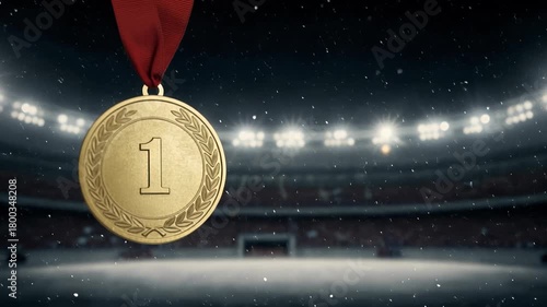 A golden first-place medal with a laurel wreath design hangs from a vibrant red ribbon, set against a softly blurred, brightly illuminated winter stadium with falling snow.