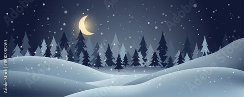 Foto Winter night landscape with snowy forest, pine trees, snowdrifts and crescent moon under starry sky